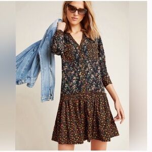 Anthropologie Maeve Floral Black Dress with Multicolor Print